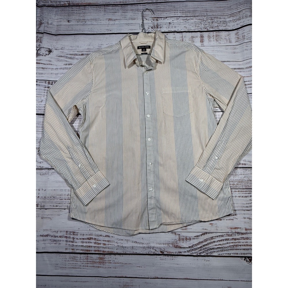 Michael Kors Mens XXL Slim Fit Long Sleeve Striped Button Down Shirt Gold Grey